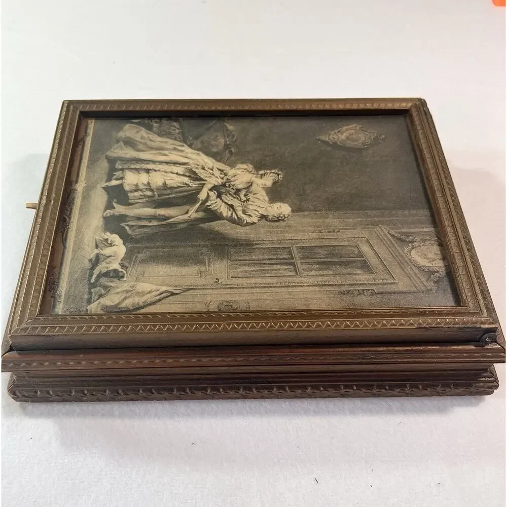 Antique Wooden Jewelry Box With Rococo Print